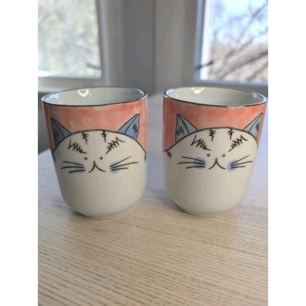 Creative Co-Op Hand-Painted Stoneware Mug Set with Cat, Pink